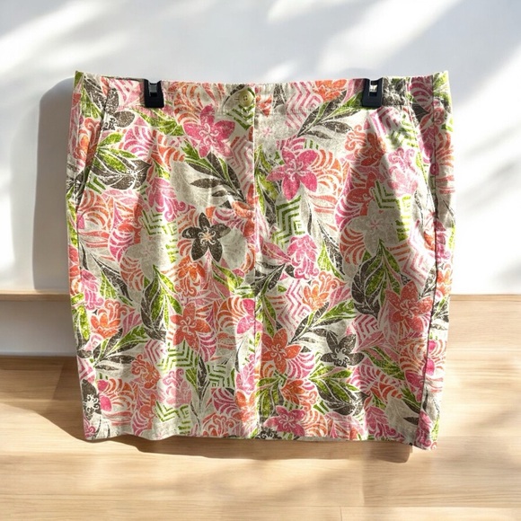 J Jill  Live in Chino Womens Mini Skirt 14 Floral Tropical Resort Pockets - Picture 1 of 7